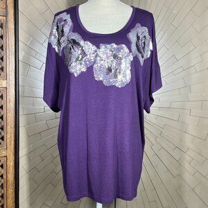 Karen Kane Purple Sequin Bling Floral Short Sleeve Tee T-Shirt Top Size XL